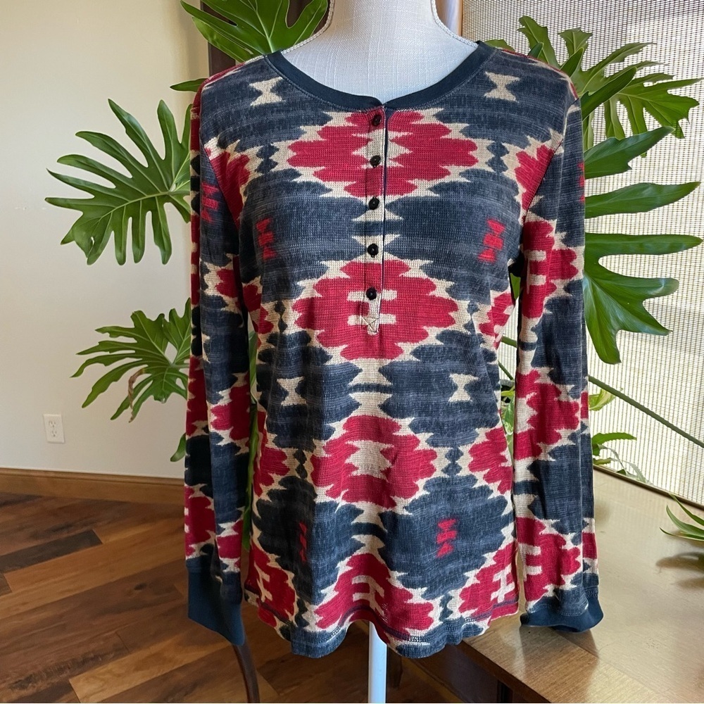 Ralph Lauren Jean Company LRL Tribal Print Thermal Henley Long Sleeve Top